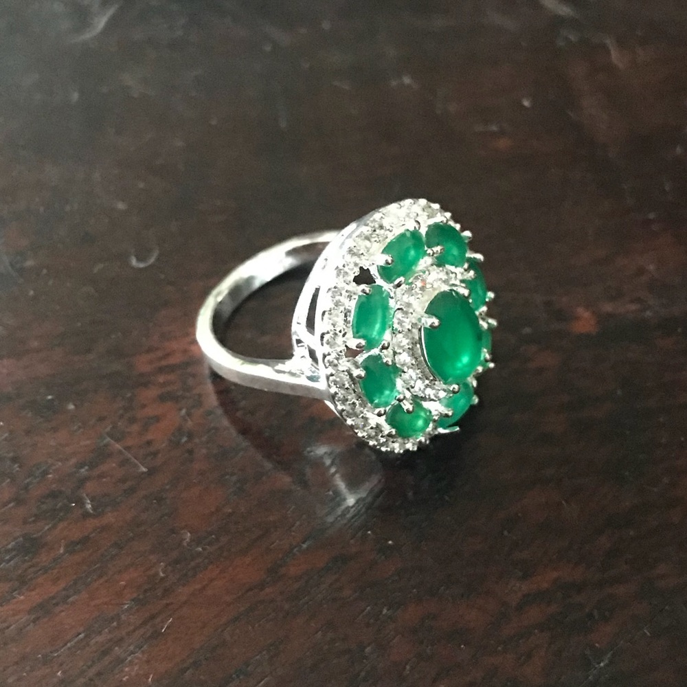 .925 Sterling Silver White Sapphire Emerald Ring - Picture 2 of 5
